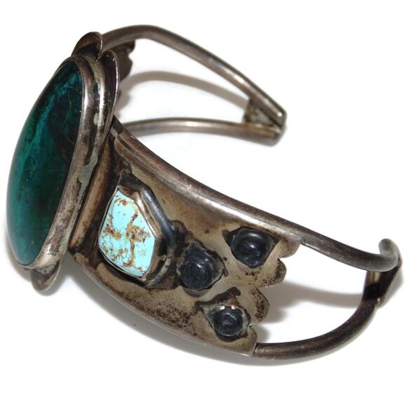 Southwest Cuff Bracelet Navajo Sterling Silver Turquoise Malachite Richard Begay - Picture 3 of 5